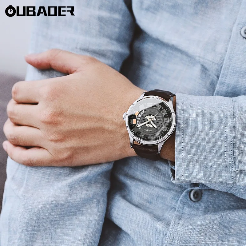 OUBAOER Men Engineer Series Automatic Mechanical Watch Genuine Leather Strap Dial Waterproof Industrial Business Wristwatch view 6