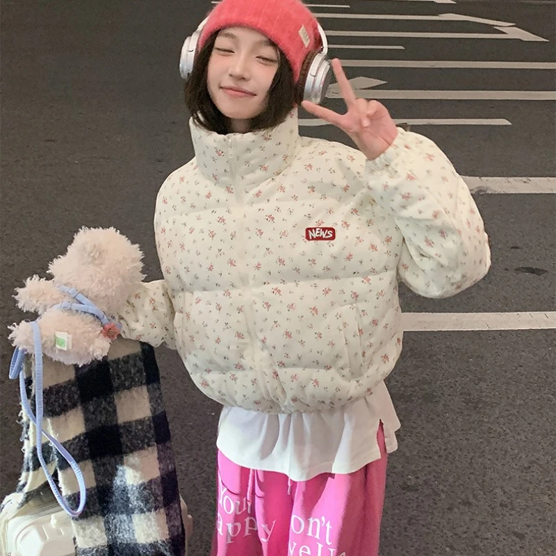 Sweet Floral Print Down Cotton Coat Women Winter Warm Short Tops All-match Cropped Jacket Thick Loose Windproof Outerwear New