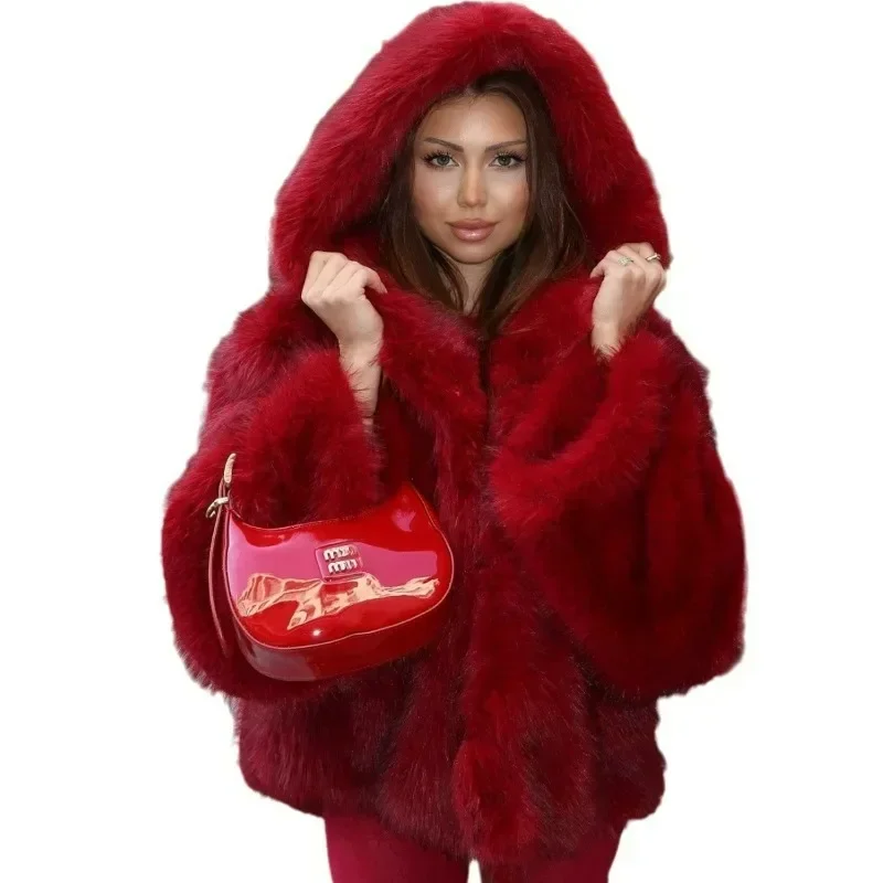 

Fashion Solid Color Hooded Imitation Fur Coat Europe and The United States Imitation Eye-catching Enthusiasm Warm Comfortable