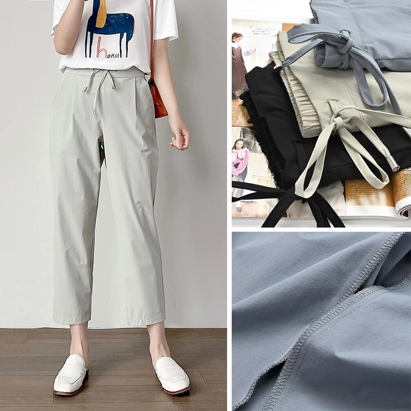 

Slim Fit Ladies Pencil Pants Loose Commuter Sle Nine Point Summer Trousers Casual Pants for Women l Waist Elastic Fiber