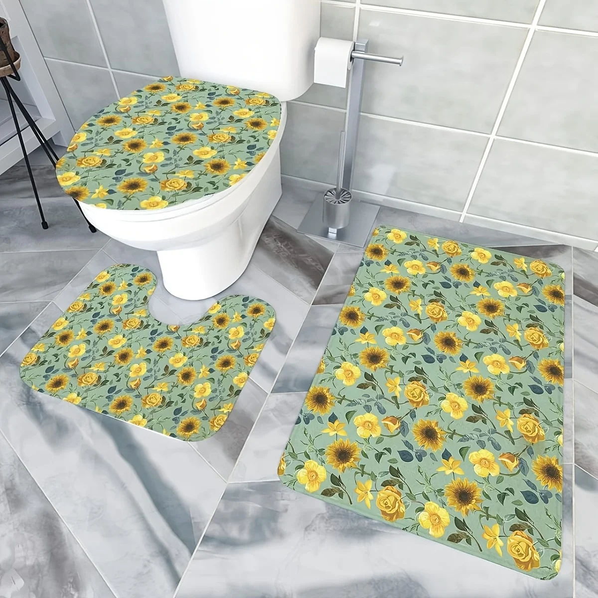 Sunflower Bathroom Mat Set Waterproof Anti Slip Toilet Cover Rug Tropical Shower Mat Home Decor Supplies Accent Bath Rug