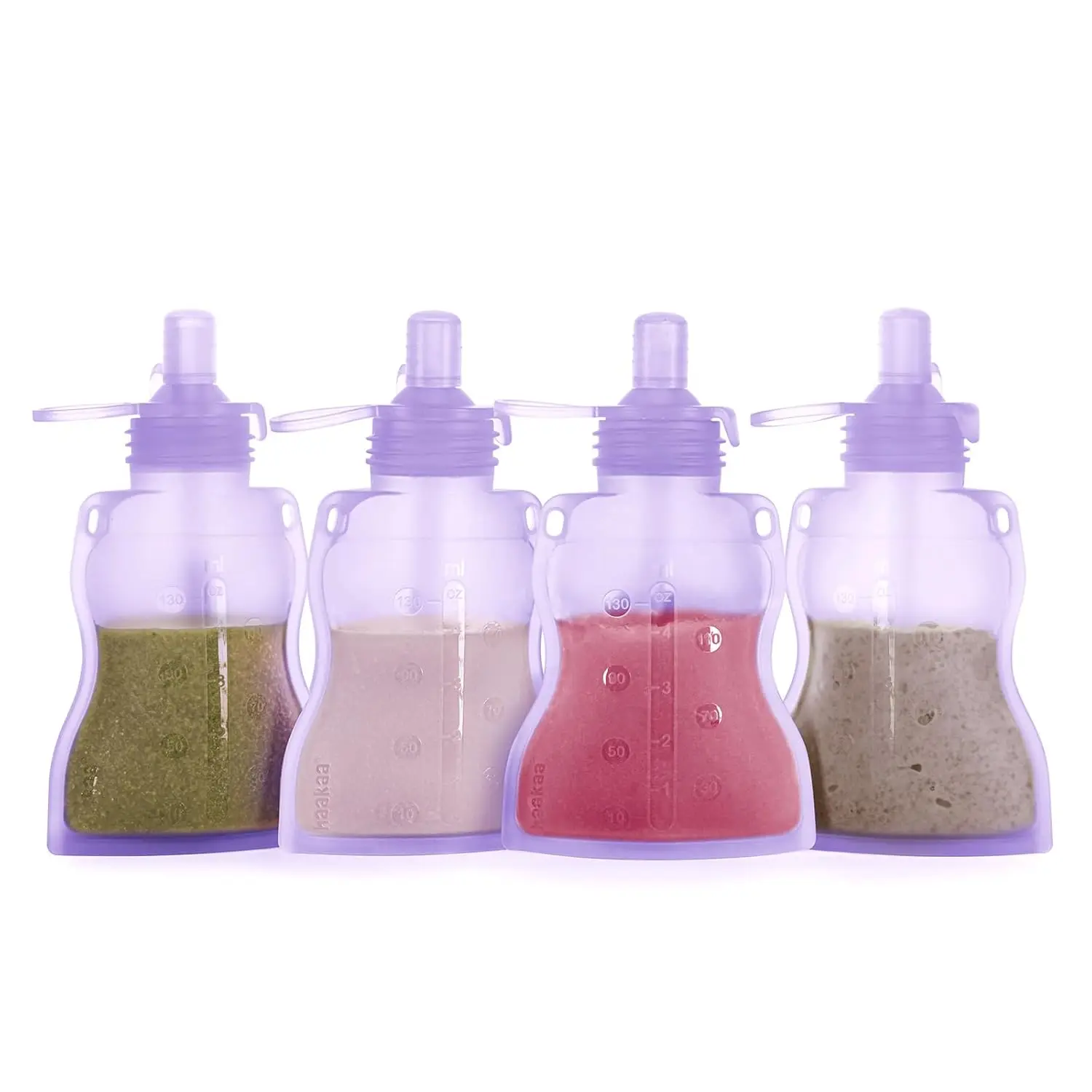 

Refillable Silicone Baby Food Pouch, 4oz Soft Reusable Storage for Kids Toddler Puree Smoothie, 4 Pack Lavender