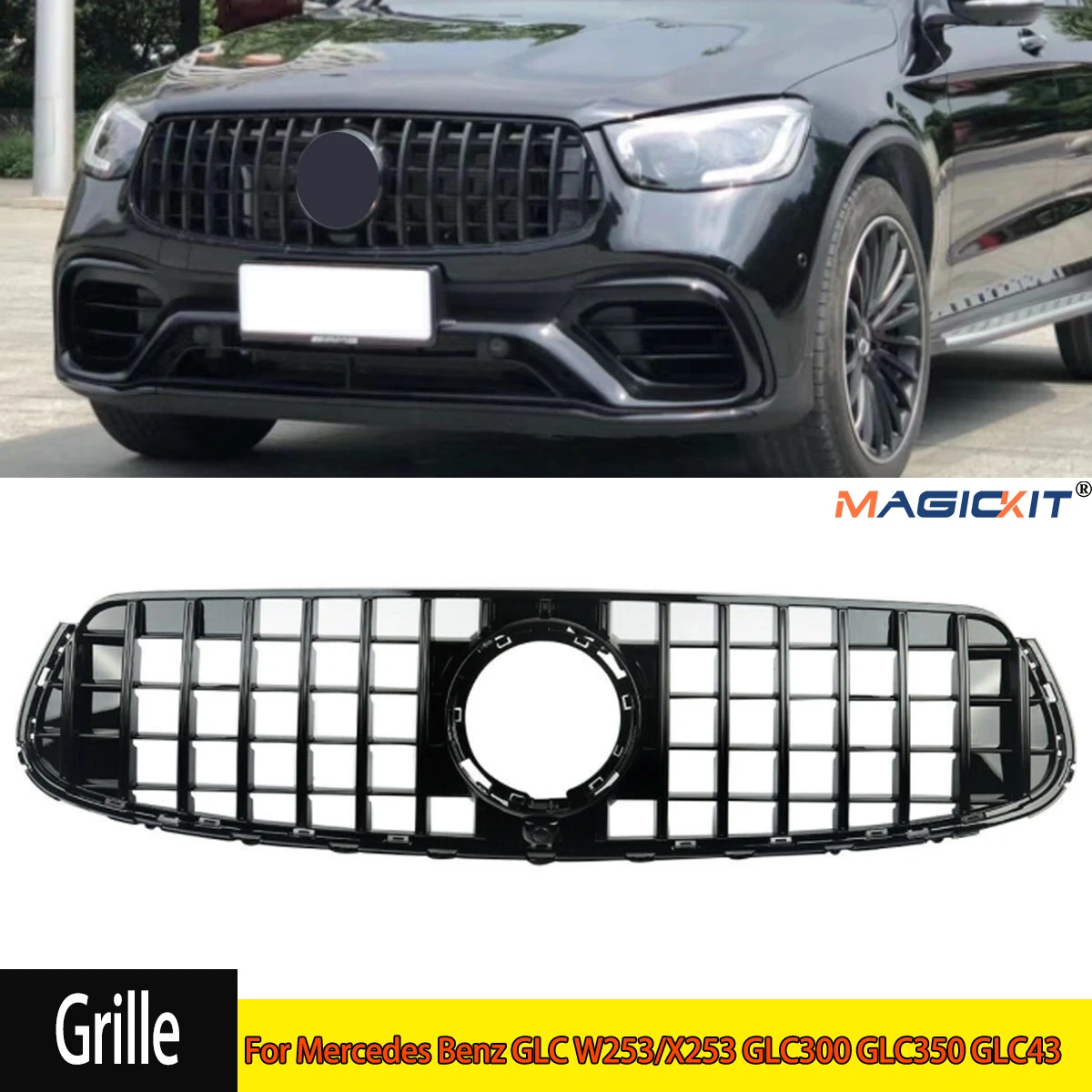 MagicKit 2020 Glossly Black GT Grill For Mercedes Benz GLC W253/X253 FronT Bumper Silver Grille For GLC300 GLC350 GLC43 Models