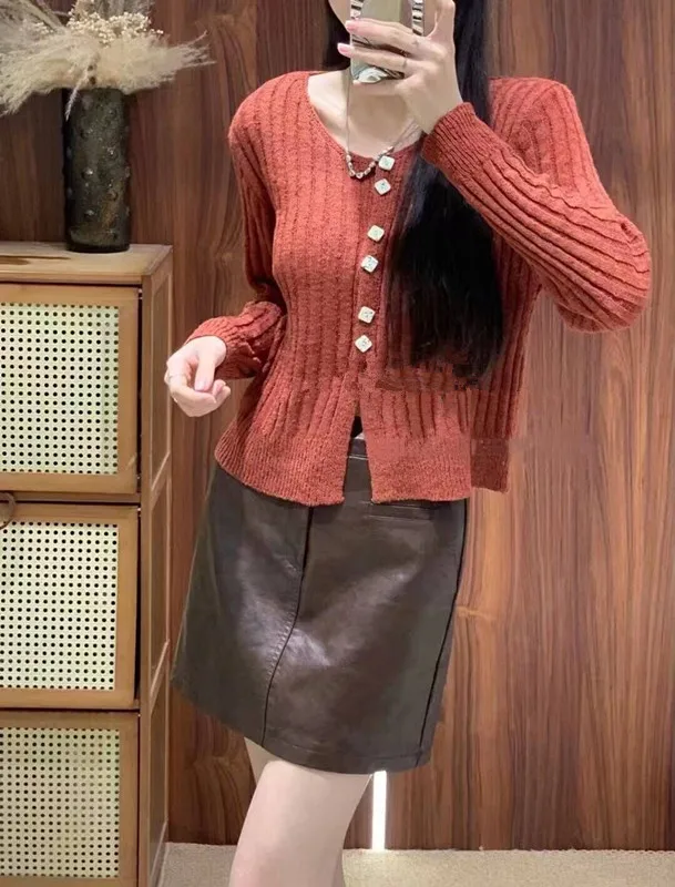 Solid Color Single Breastd Vertical Pit Stripe Knitted Sweater Jacket Autumn Women Long Sleeve Linen Cardigan Outwear Tops N71