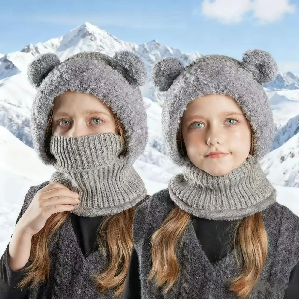 

Kids Winter Balaclava Hat Fluffy Knitted Neck Warmth Cover Hat Warm Outdoor Ear Protection Mask Girls Hooded Cap