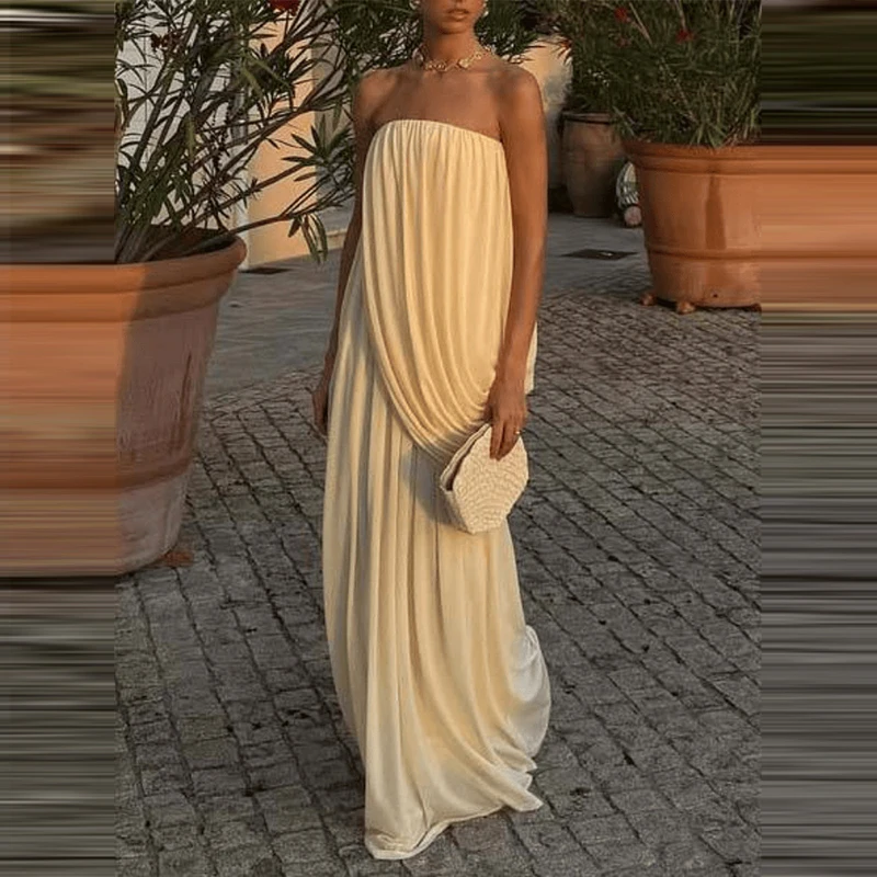 Sexy ärmelloses, rückenfreies Party-Abendkleid, modische, lockere Kleider mit hoher Taille, elegantes, trägerloses, drapiertes, solides langes Kleid