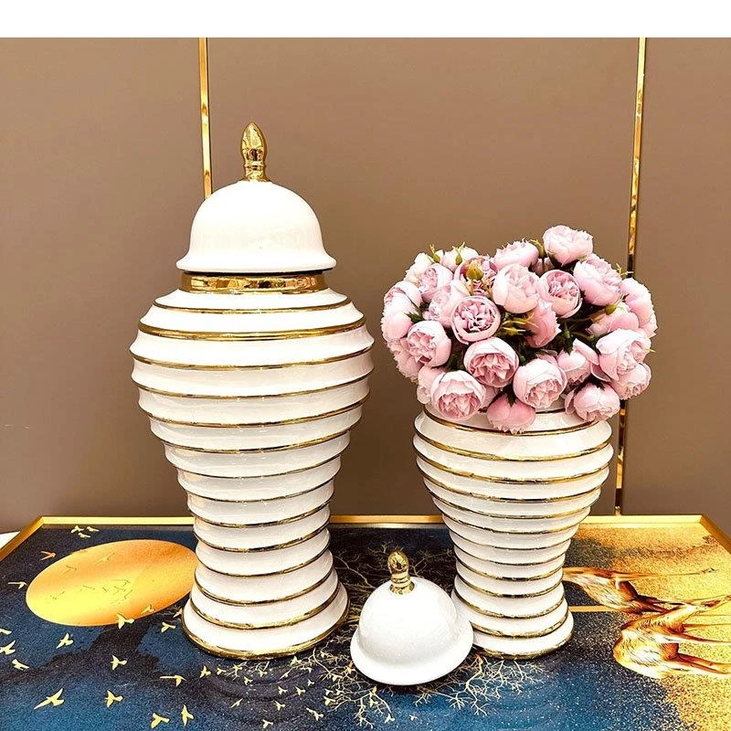 Golden Annular Geometric Stripe Ceramic Storage Jar Gold-plated Vase Flower Arrangement Desktop Jewelry Cosmetic Container