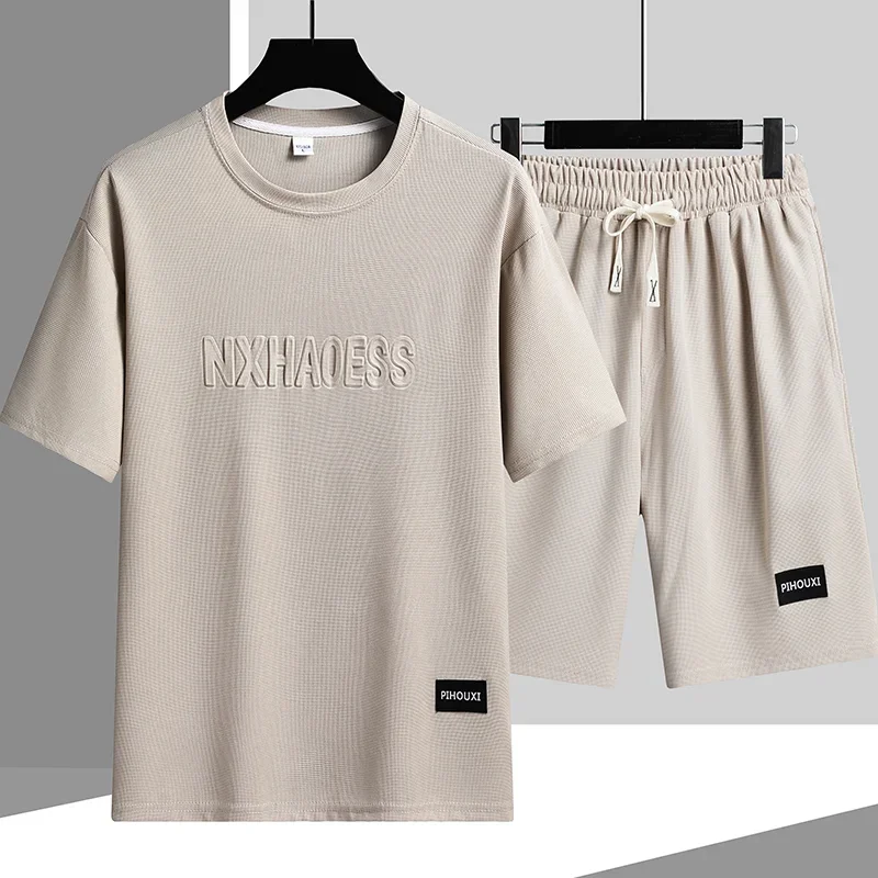 

Summer Leisure Sportswear Set Fashion Men Thin Loose Printed Letters T-shirt Outdoor Two-piece Letter Round Neck T-shirt+shorts
