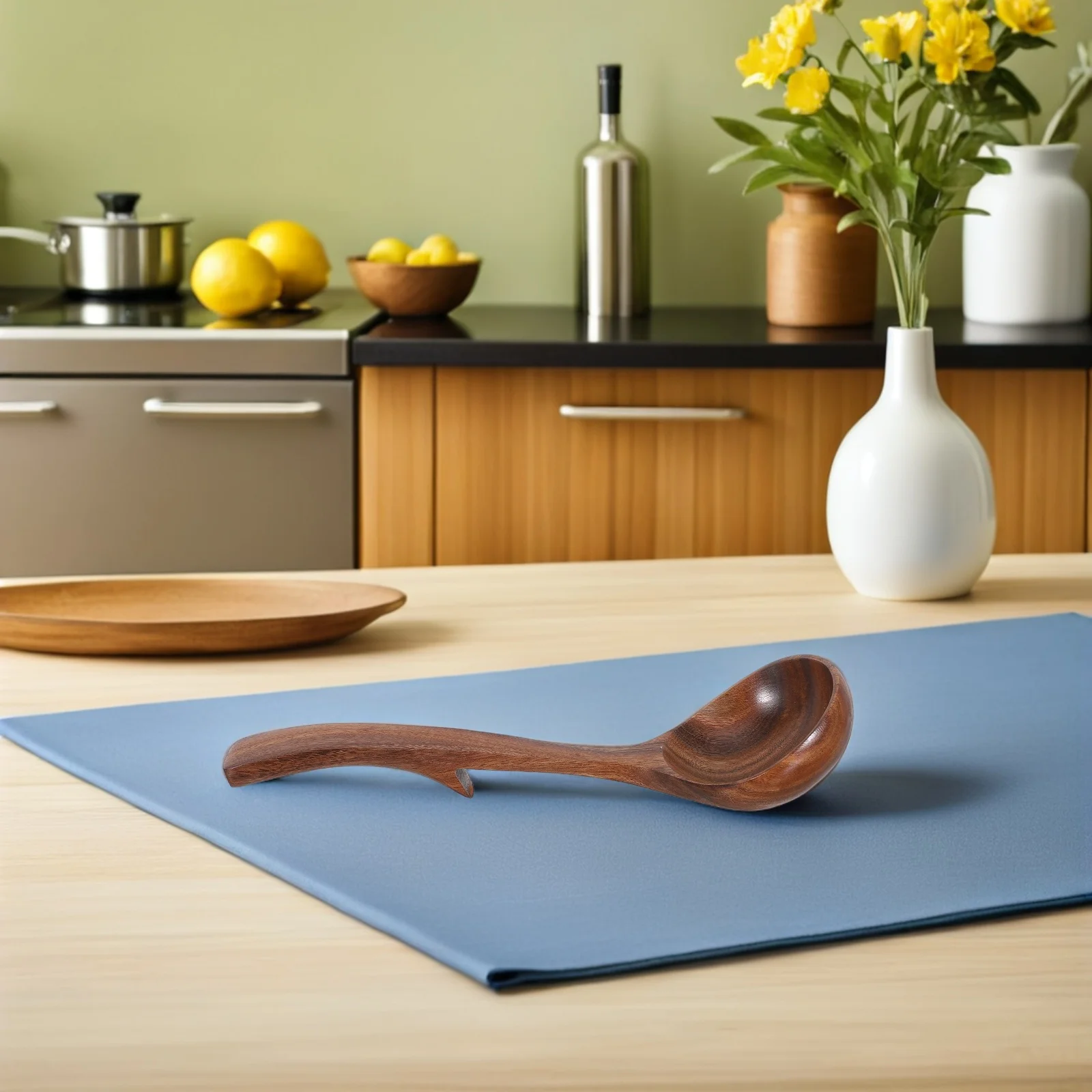 

Natural Acacia Wood 9 Inch Long Handle Soup Ladle with Back Hook for Large Pots Stirring and Serving Heat Resistant Wood Cooking