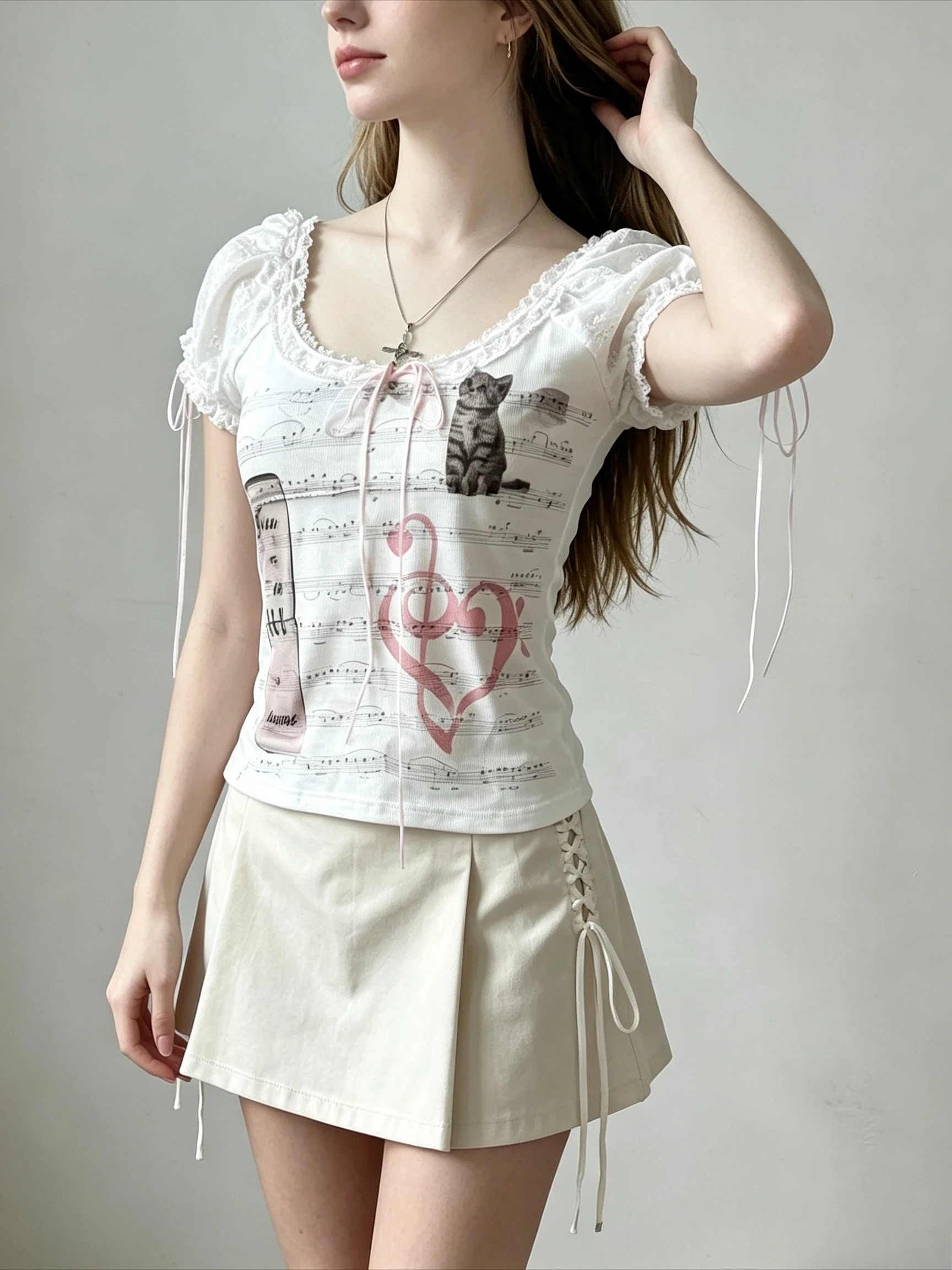 Sheet Music Kitten Print Short Top Lace Trim Puff Short Sleeve Front Ribbon Tie Square Neck Slim Cropped Sweet Casual Tee Shirt