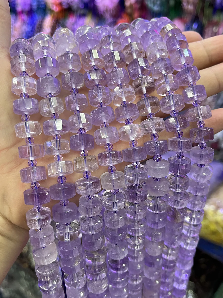 

Natural Amethyst Cylindrical Section Beads Round cake Stone Loose Spacer For Jewelry Making DIY Necklace Bracelet 15'' 7x12mm