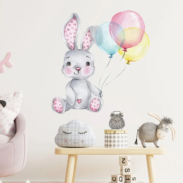 Cartoon bemalte Hasen-Ballon-Wandaufkleber für Kinderzimmer, Schlafzimmer, Wanddekoration, selbstklebende Dekor-Aufkleber – Detail 3