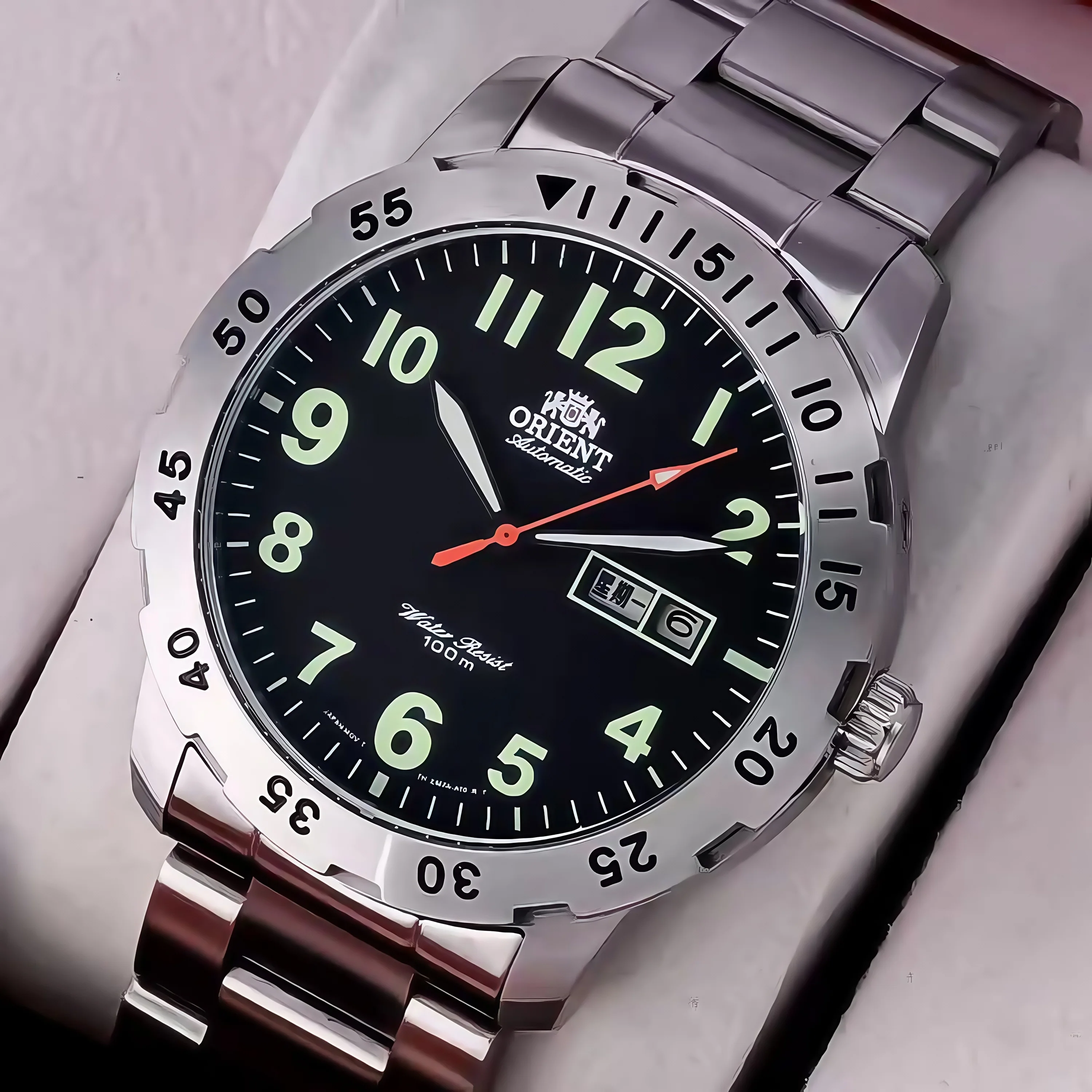 Reloj mecánico Orient, automático, funciones completas, acero inoxidable, movimiento japonés, esfera grande.