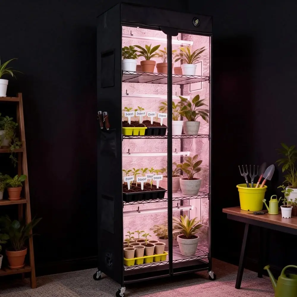 

Портативная комнатная LED-палатка для выращивания растений с тканевым покрытием, регулируемыми полками и цифровым термогигрометром