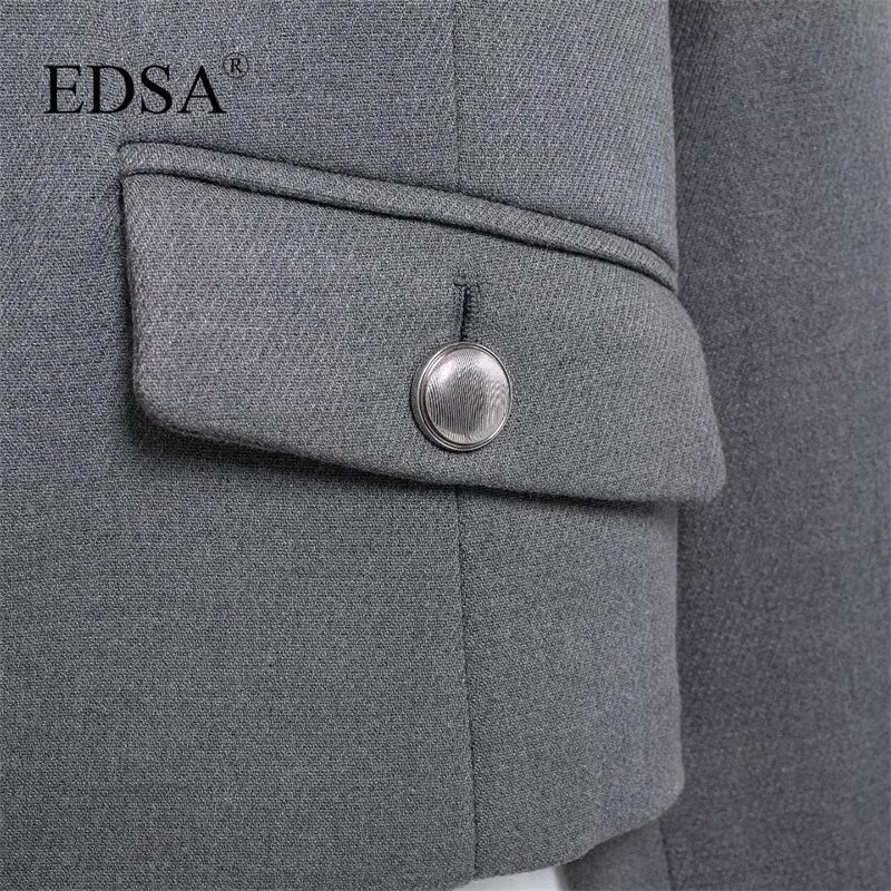 EDSA Women Casual Grey Blazer with Metal Button Single Breasted Flap Pockets Long Sleeves Solid Color Jacket Coat