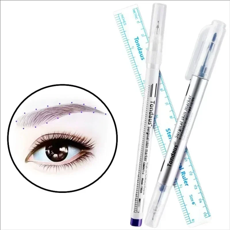 Double Head ผ่าตัด Eyebrow Tattoo Skin Marker ปากกาอุปกรณ์เครื่องมือ Tattoo Marker ปากกาวัดไม้บรรทัด Microblading