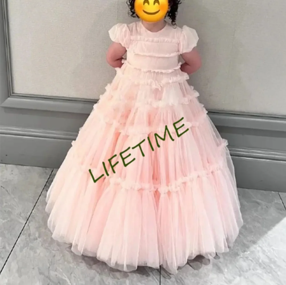 Flower Girl Dress Layered Tulle High-low Dress senza maniche Wedding Flower children's First comunione Birthday Party Dress