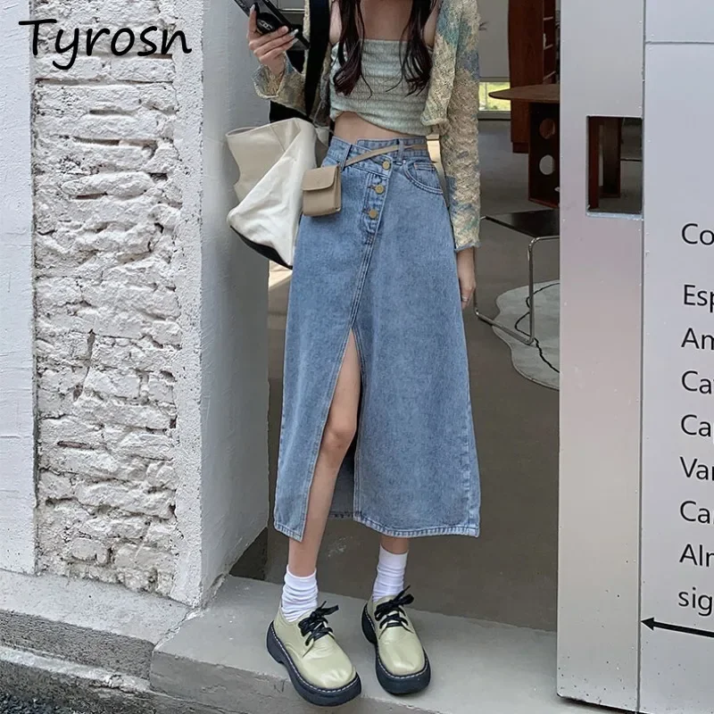 

Denim Skirts Women Summer New Niche Design High Waist Hip-Covering Slim Midi Slit A-line Chic Ulzzang Leisure Prevalent Elegant