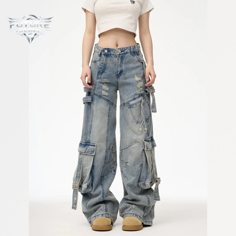New Y2K Multi Pocket Cargo Distressed Ripped Denim Jeans Baggy Straight Gothic High Street Streetwear Trousers Harajuku Unisex