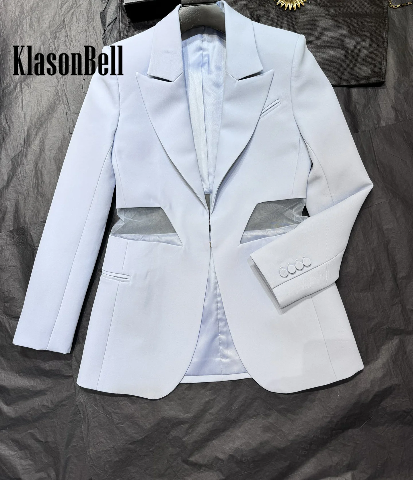 8.2 KlasonBell Women Fashion Personality Sheer Mesh Spliced Exposed Waist Blazer Lapel Collar Hook Buckle Collect Waist Jacket