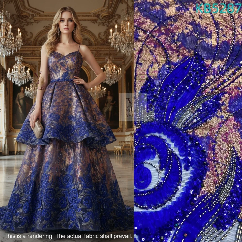 

2026 Королевский синий 5 ярдов, французская сетчатая бархатная кружевная ткань с бисером, африканская последовательность, вышитая сетчатая кружевная ткань для шитья KB5287