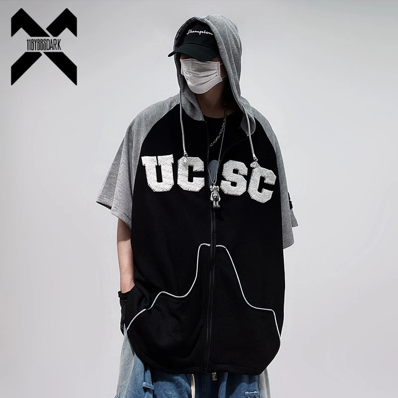 Hip Hop Trendy Hooded Shirt 2024 Summer Oversized Short Sleeved T-shirt Harajuku Tops Color Block Patchwork Top