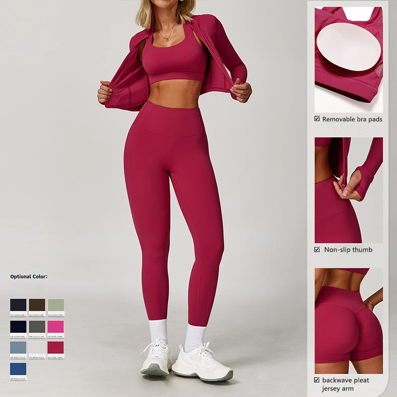 Ctenkevet Women 3Pcs Long Sleeved Jacket Combination Yoga Set Female Backless Shockproof Bra Sports Suit  Sport Outfit For Woman