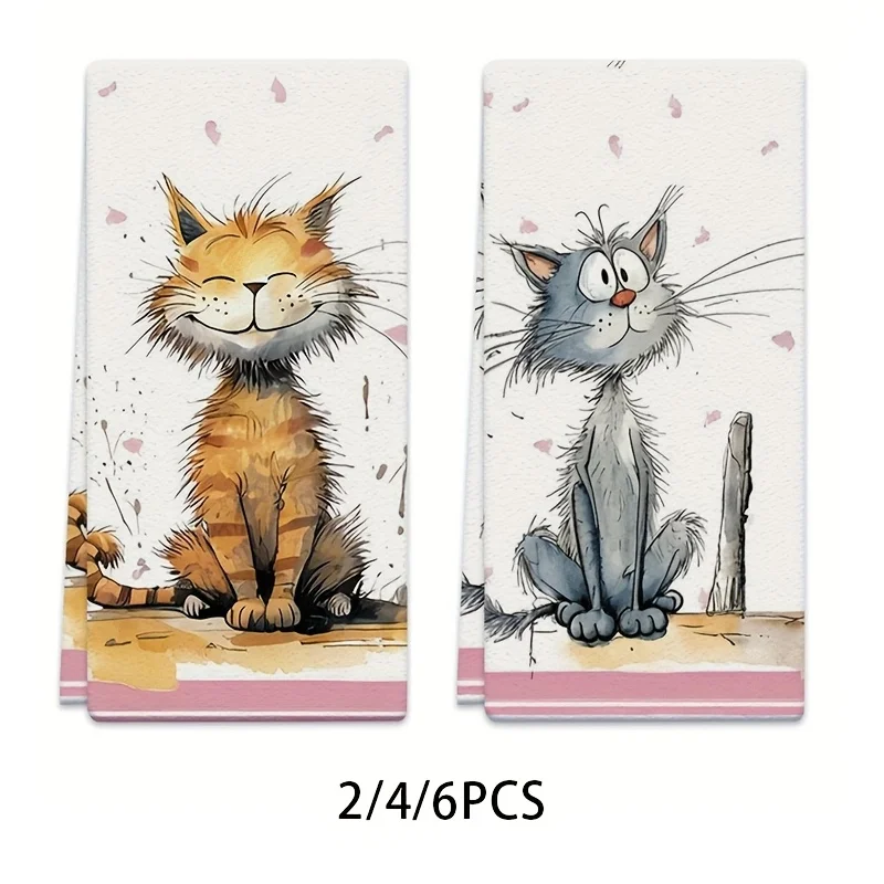 2/4/6 PCS dish towel, cat, smile, background petals, microfiber absorbent kitchen towel