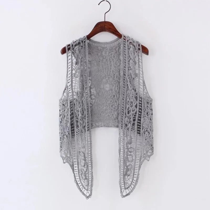 

Asymmetric Open Stitch Cardigan Summer Beach Boho Hippie People Style Crochet Knit Embroidery Blouse sleeveless Vest 2023