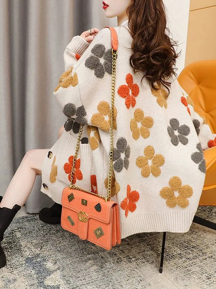 Вязаная накидка с цветочным принтом, пальто для женщин, осенне-зимняя женская одежда, кардиган на пуговицах, свитер, женские пальто, наряды, новая верхняя одежда