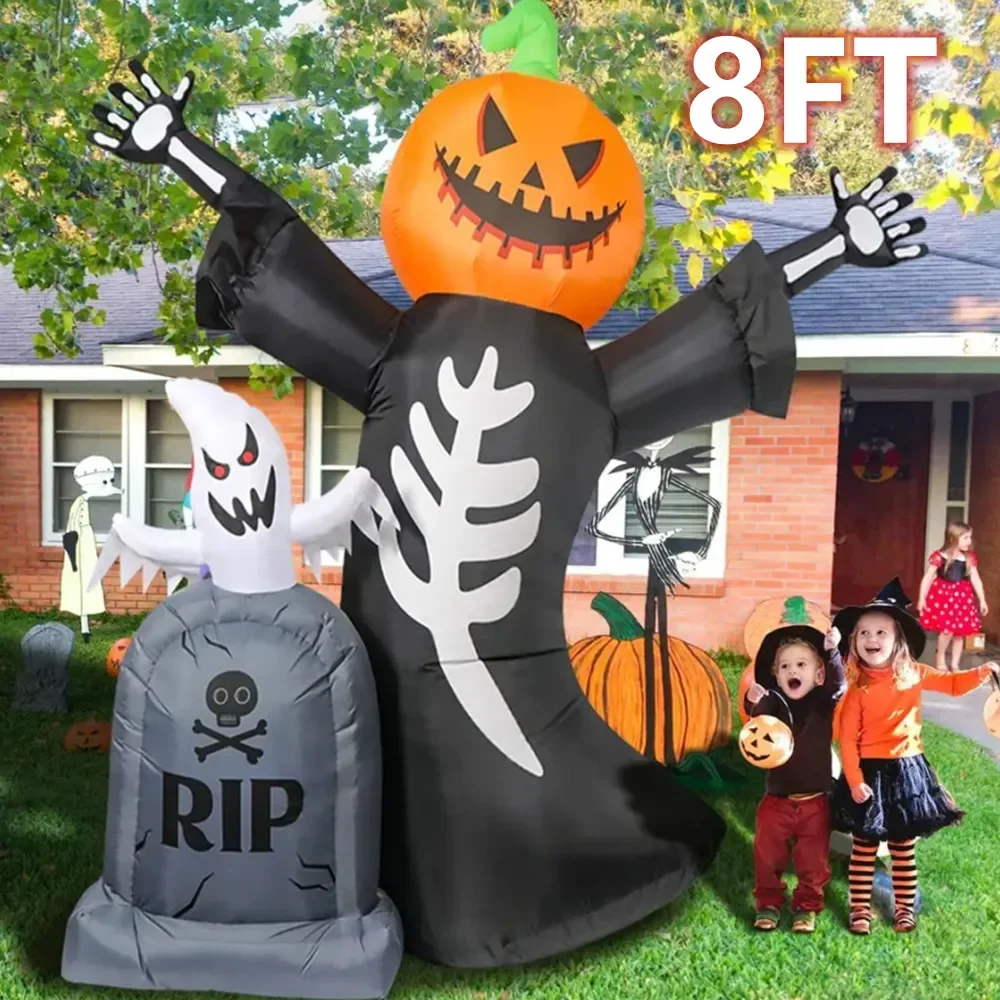 2.4M Halloween Inflatables Outdoor Toys Pumpkin Ghost Tombstone Lighted Holiday Blow up Yard Decorations with Built-in LED Toys