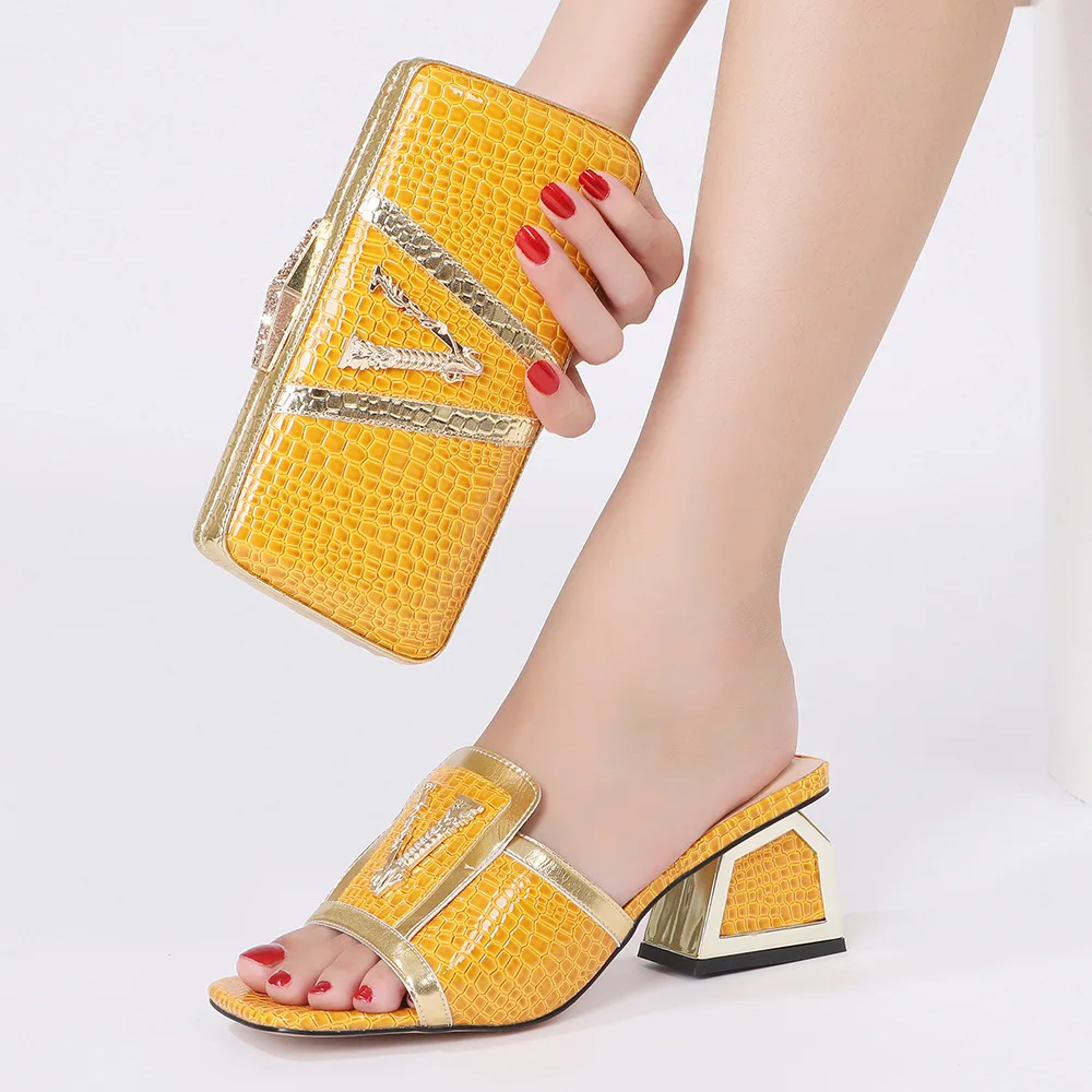 Newest Brilliant Italian Shoes and Bag Sets Yellow Color Women\'s Wedding Stronger Heels Shoes With Bag For African Lady Sandals