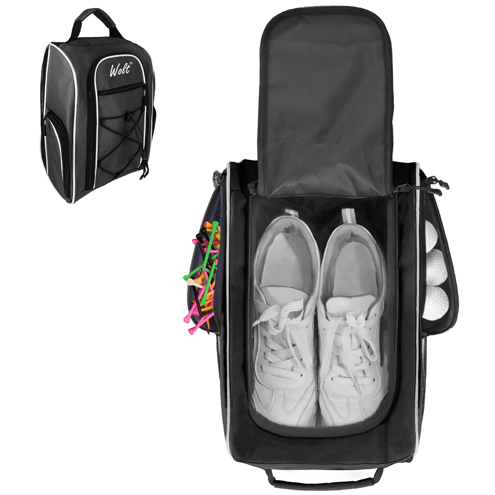 Wolt |Golf Shoe Bag for Travel- Zippered Shoes Carrier Bags with Ventilation & Double Outside Accessory Pocket for Socks, Tees,