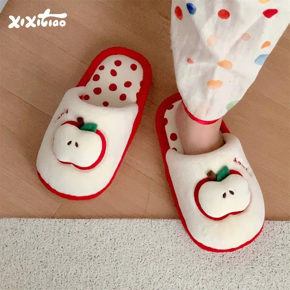 

Winter New Cute Apple Closed Toe Furry Home Slippers Women's Warm Anti Slip Indoor Household Cotton Slippers