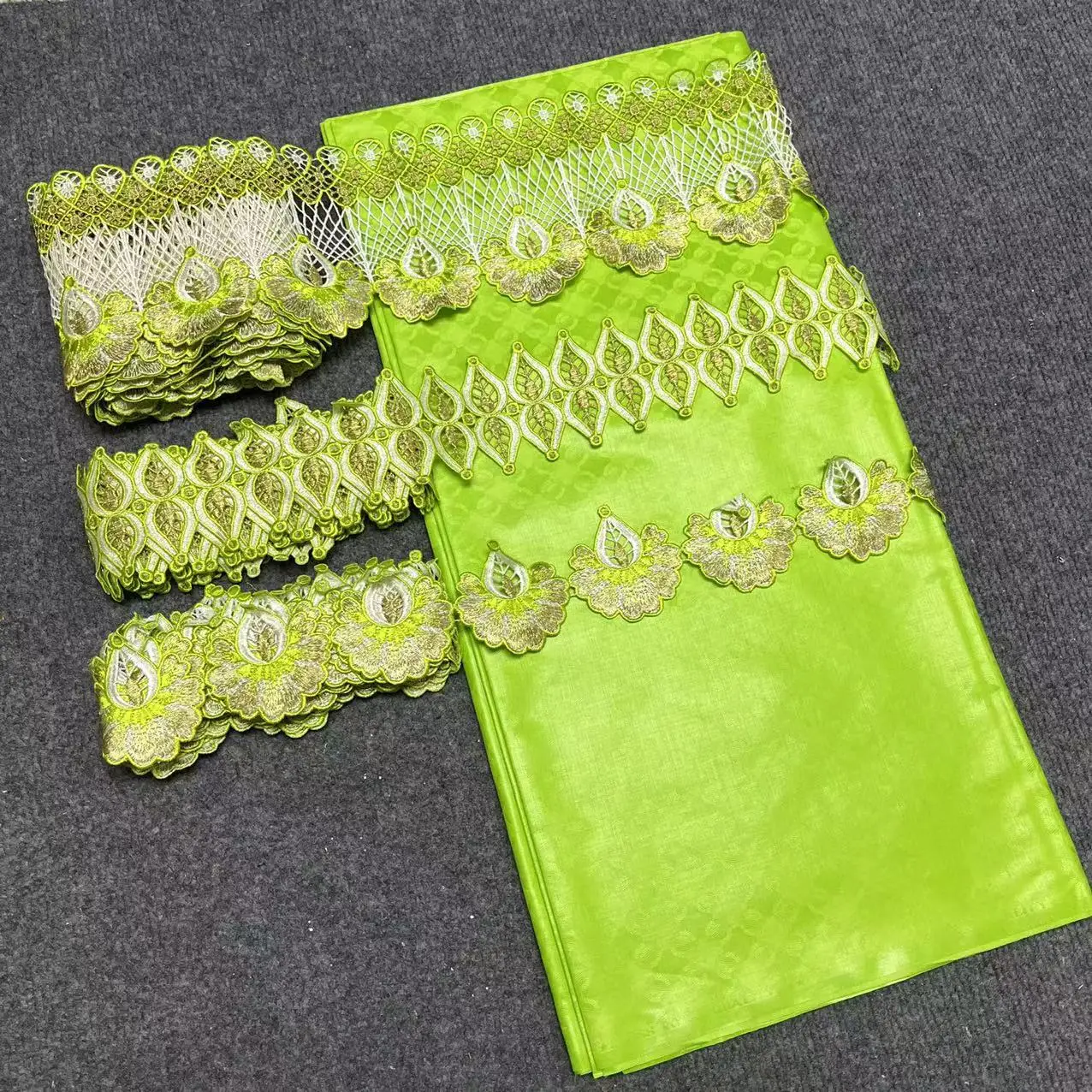 Beautiful Green 5Yards Soft Perfume Bazin Fabric with 15yards Beads Embroidered Ribbon Lace trim For Sewing Dresses M506-1