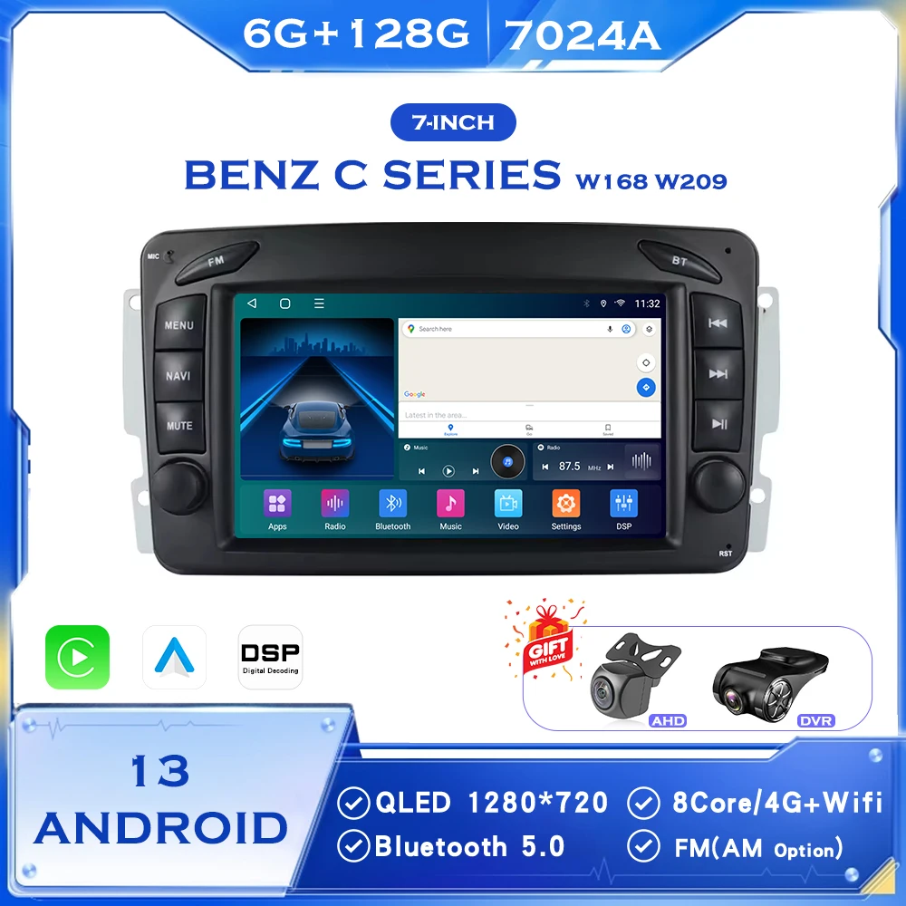 

BINGFAN 7" Android 13 Car Radio for Mercedes-Benz C-Class W168 W209 1998-2006 Wireless Carplay Android Auto Touch Screen