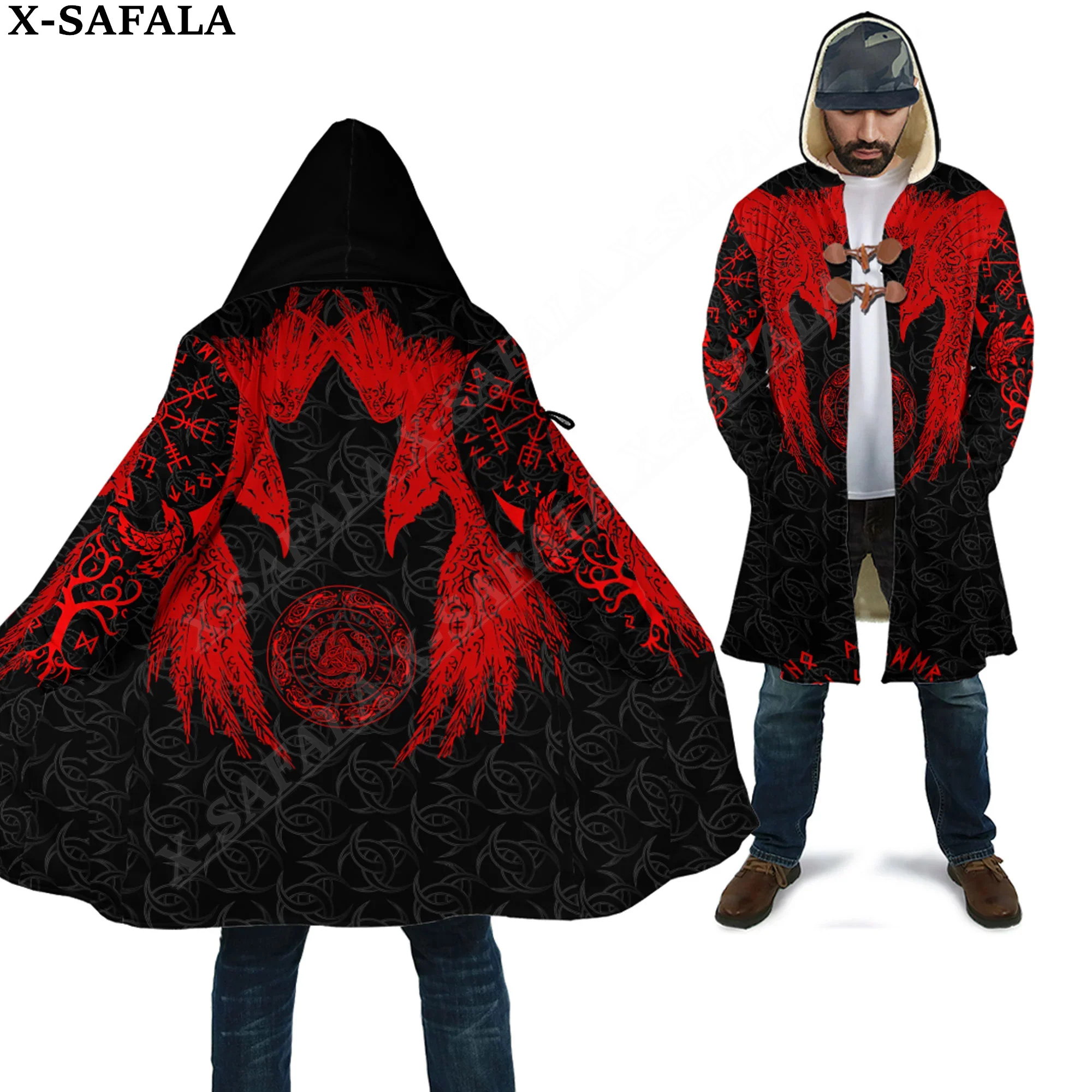 Tattoo Symbol Viking Odin Dragon Wolf Bear Raven Overcoat Coat 3D Print Thick Warm Hooded Cloak  Men Windproof Fleece Unisex-8