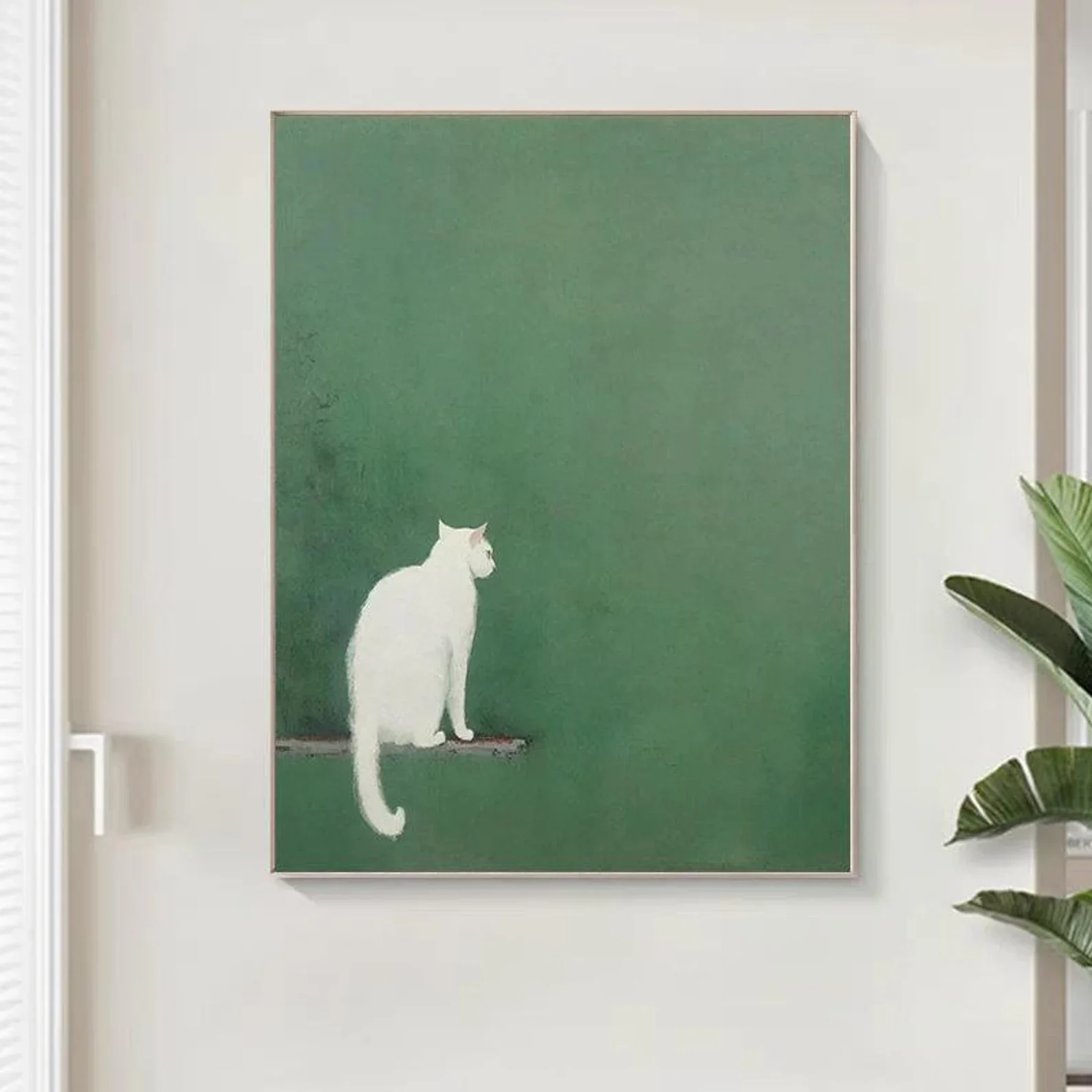 

Original Cat Oil Painting Green Textured Wall Art on Canvas Green Modern Impressionist Animal Wall Art Cat Antique Room Decor