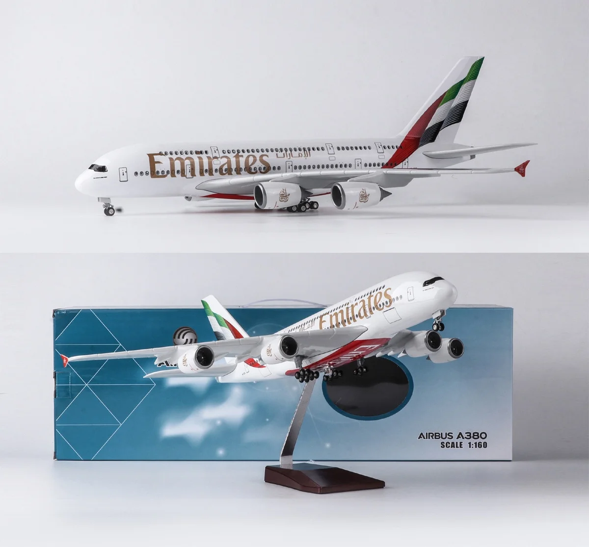 47cm New A380 Emirates UAE Aircraft Model 1/160 Scale Airplane Model with Landing Gear Wheels Light(Touch or Sound Control)