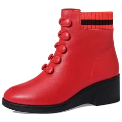 Buttons Red Wedge Sock Boots For Women Winter Fur Lined Faux Leather Shoes Female Ankle Boots Ladies Booties Woman Platform Boot