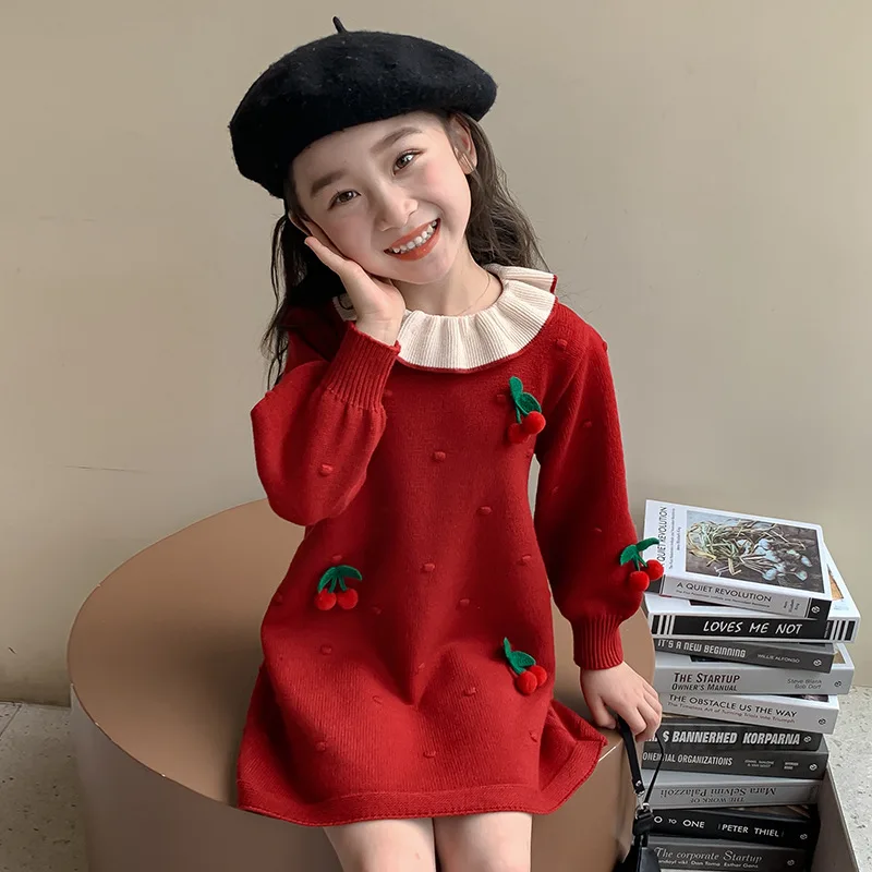 

Children Girls Autumn Dress Cherry Jacquard Toddler Kids Girls Knitted Dress Loose Spliced Collar Little Girls Princess Dresses