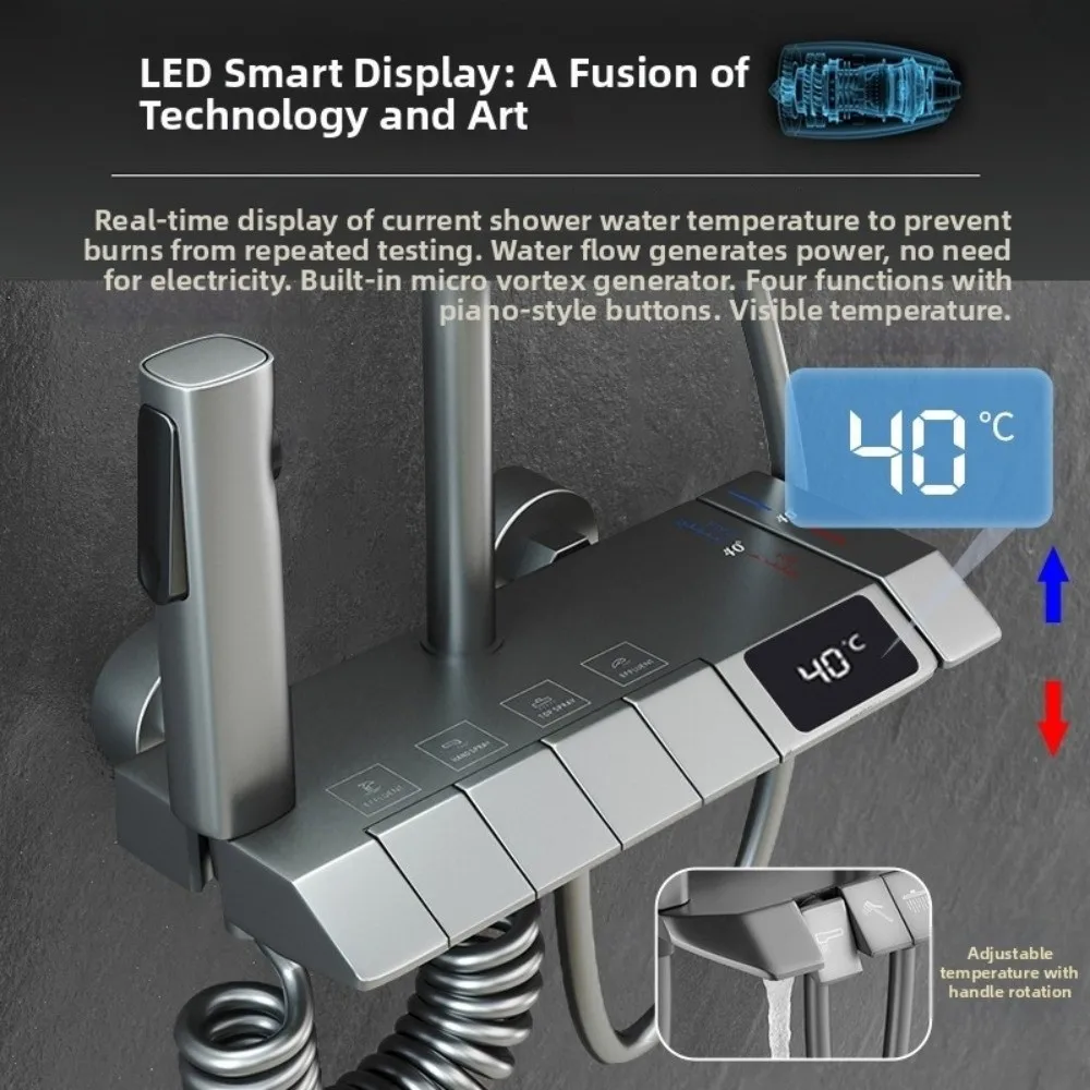 Grey Shower System Intelligent Piano Button Digital Shower Faucet Set High Pressure Temperature Display Rainfall Shower Set
