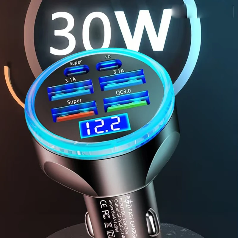 Adaptador Tipo C USB C de 6 Puertos, Cargador para Auto para iPhone 17 16 15 14 Pro Max Plus, Carga Rápida Súper Rápida con Pantalla LED Digital, PD 30W 5
