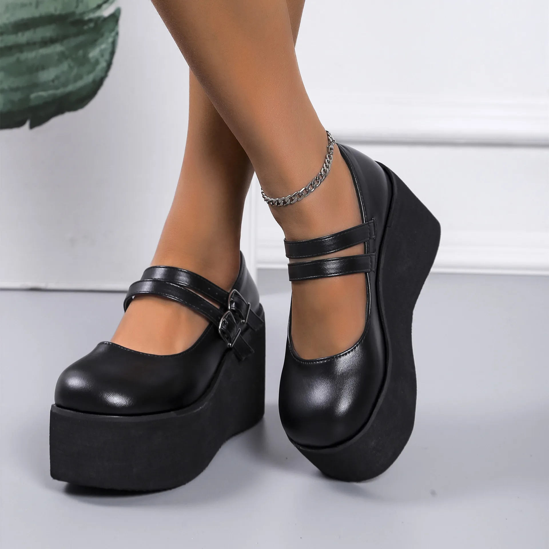 Large Lolita muffin shoes Thick sole single shoes Women\'s high heels British retro small leather shoes soft girls slope heels