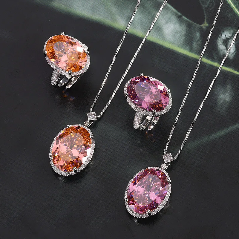 Luxury Padparadscha Tourmaline Necklace Pendant Rings Wedding Party Jewelry Sets for Women Anniversary Gifts