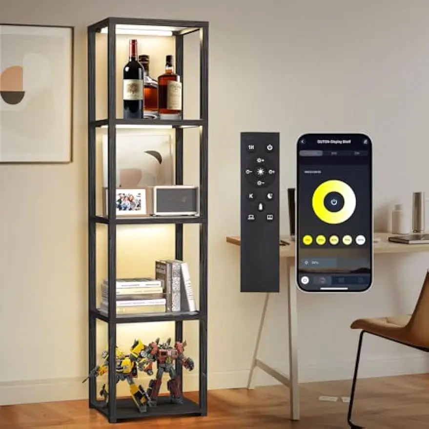 

67"Glass Display Shelf with Dimmable LED Floor Lamp,Collectibles Display Cabinet Remote & App Control,5 Tier Open Bookshelf Lamp