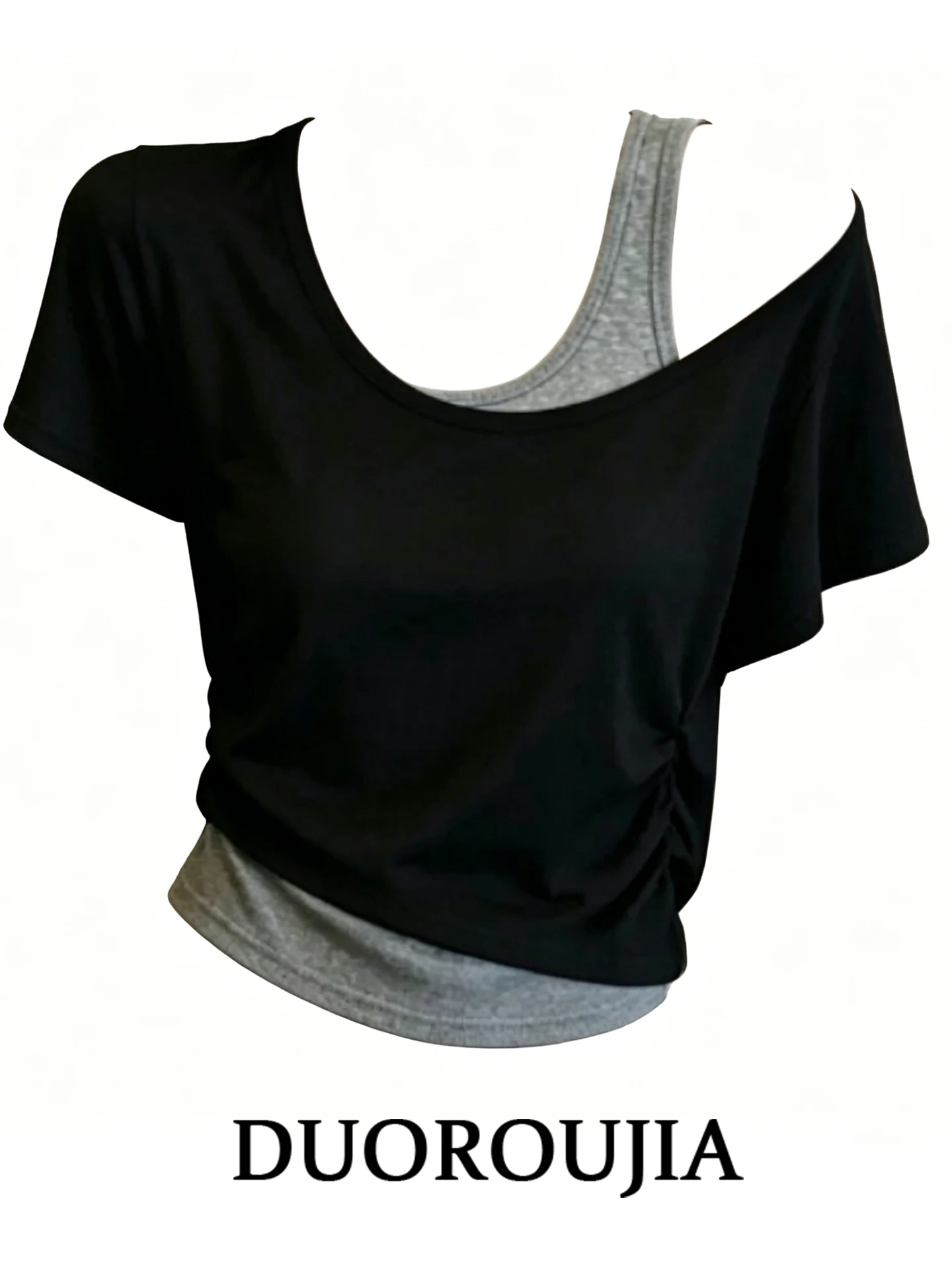 

Black Short Sleeve T-Shirt Women's Summer Slimming Belly Covering High Waist Korean Style plus Size Versatile Top DUOR