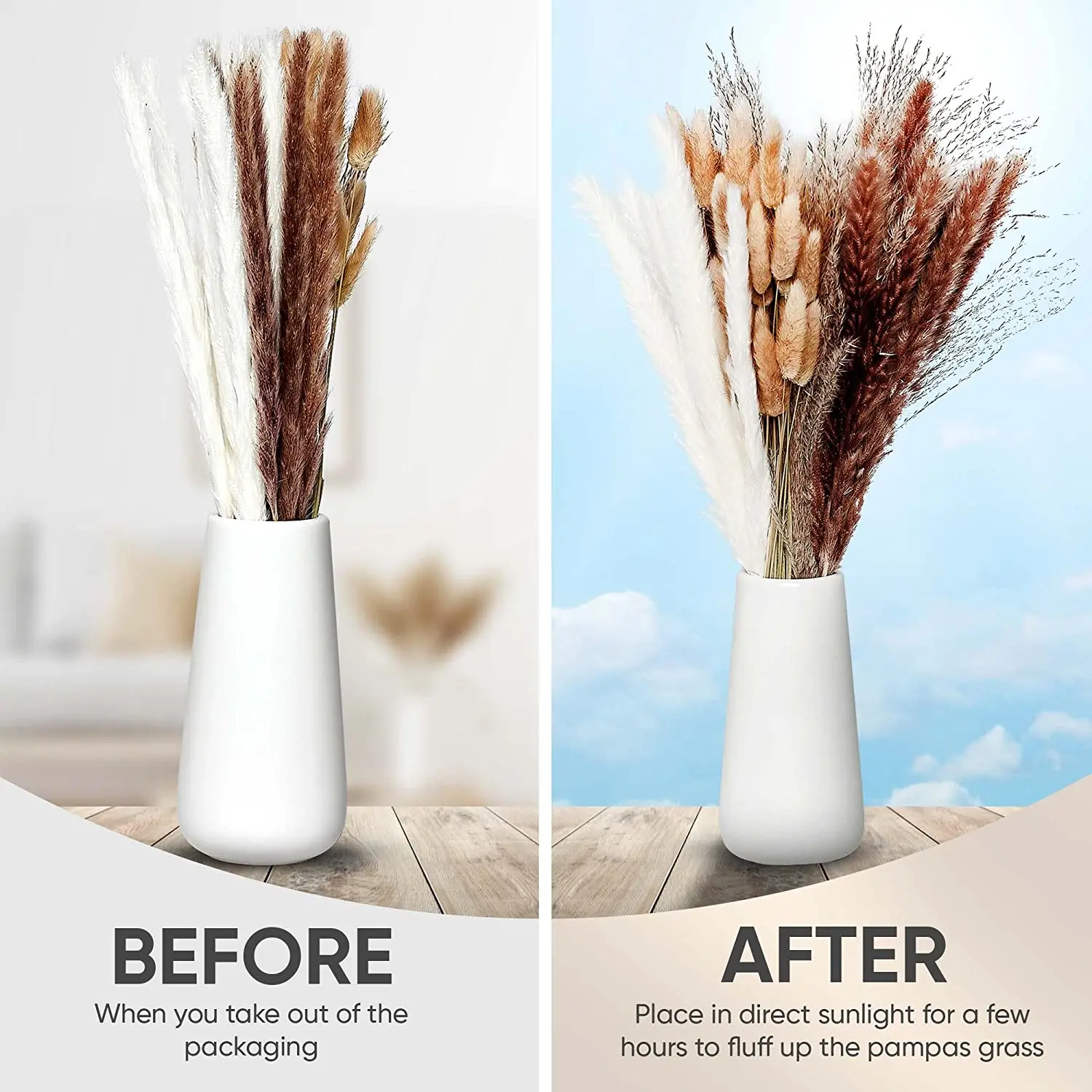 90PCS Natural Fluffy Pampas Grass Reed Dried Flower Bouquet Boho Style Home Living Room Wedding Flower Arrangement Decoration