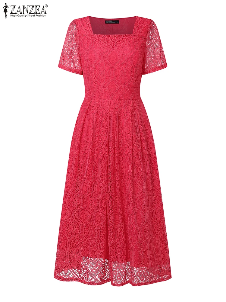 ZANZEA Women Lace Maxi Dress 2025 Summer Office Sundress Fashion Square Neck Solid Elegant Vestidos Casual Short Sleeve Robe