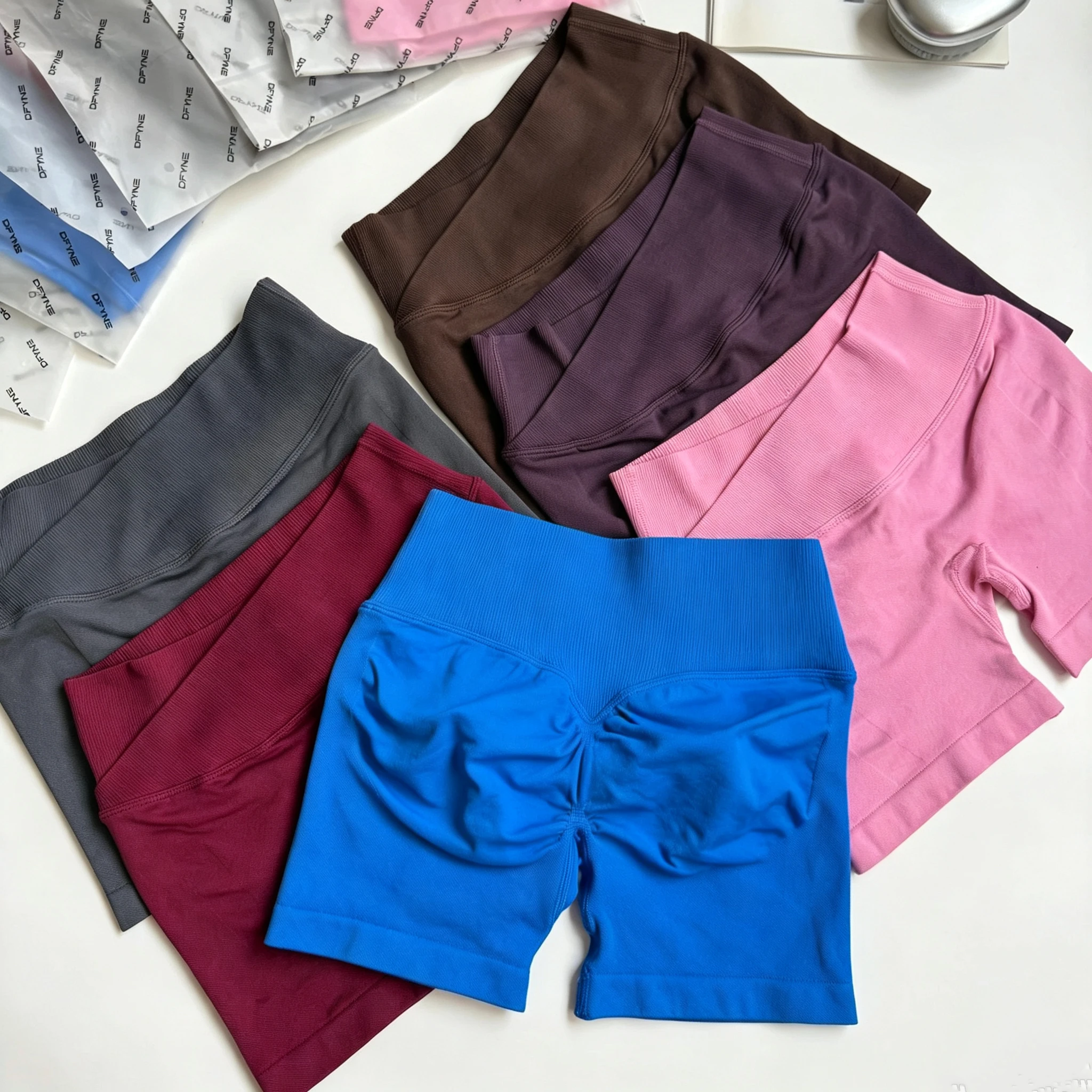 Damen-Sportshorts mit hoher Taille und Hüftlift-Effekt, pfirsichfarbene Po-Formung, eng anliegende, schnelltrocknende Lauf- und Trainingsshorts. – Detail 8
